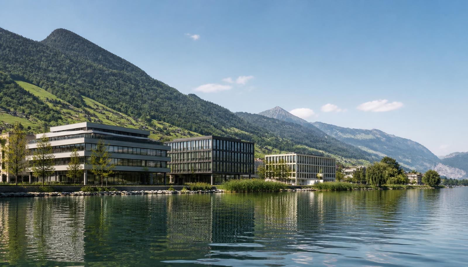 Office buildings on the lake in Zug, Switzerland, with the alpine foothills behind