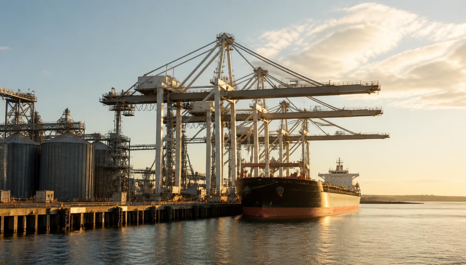 Bulk carrier alongside a terminal quay with shore cranes and silos in late afternoon light