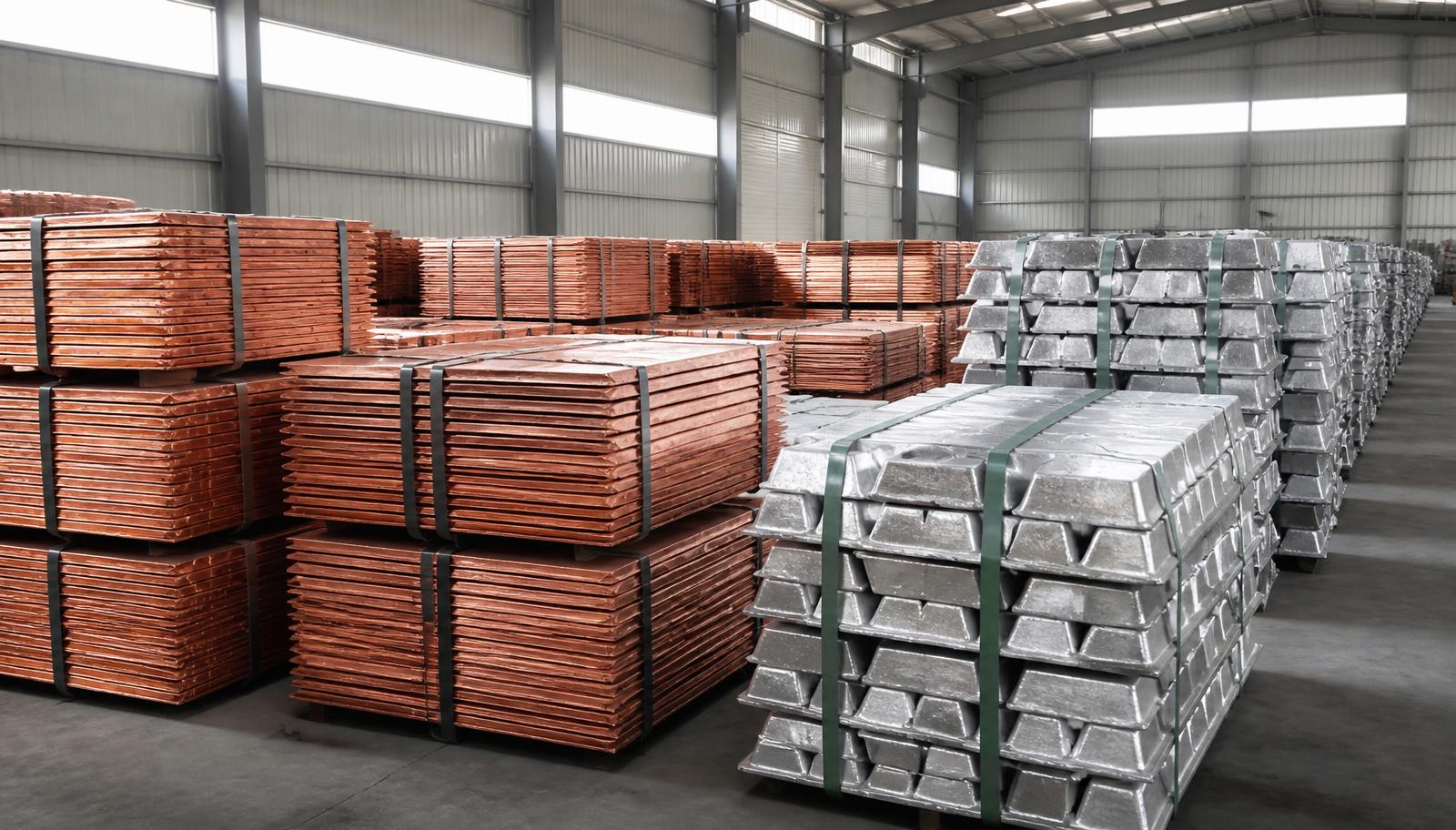 Copper cathodes and aluminium ingots stacked in a daylit metal warehouse